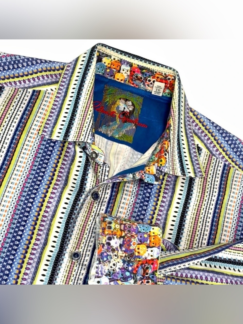 Robert Graham Skull Shirt Mens XL Classic Fit Striped Flip Cuff Colorful Cotton